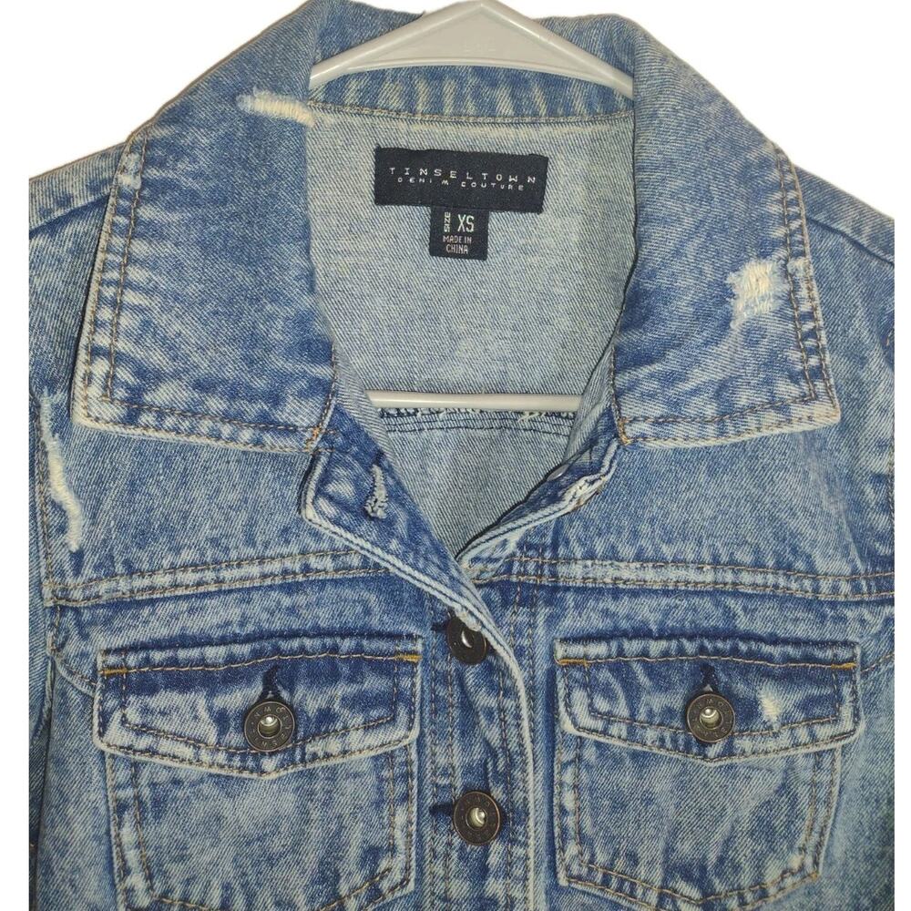 Acid Wash Distressed Denim Jacket XS – Tinseltown Teen Couture Grunge Trucker, - Picture 3 of 9